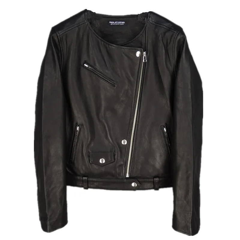 Ölwachs-Schaffell-Lederjacke für Damen, Rundhalsausschnitt, schmales und dünnes Lederöl