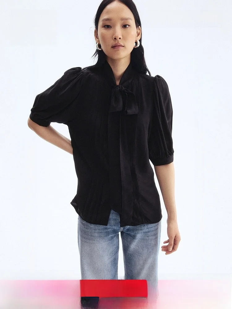 

H&M Summer Women's Shirt Gauze Fabric Bow Tie Neck Design Short Sleeve Casual Style Viscose Fiber 1304750
