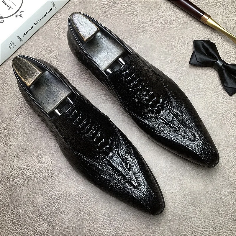 

Slip On Dress Shoes For Men Brand Crocodile Pattern Wedding Genuine Leather Wingtip Formal Loafers Men Black Oxford Shoes Man