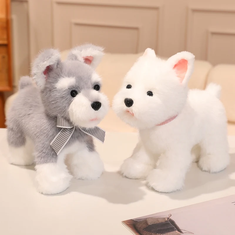 Figuras de Schnauzer de postura de pie, juguetes de peluche, Collar de corbata, perros, lindo, súper suave, regalo de Navidad y Halloween, decoración de fiesta para niños