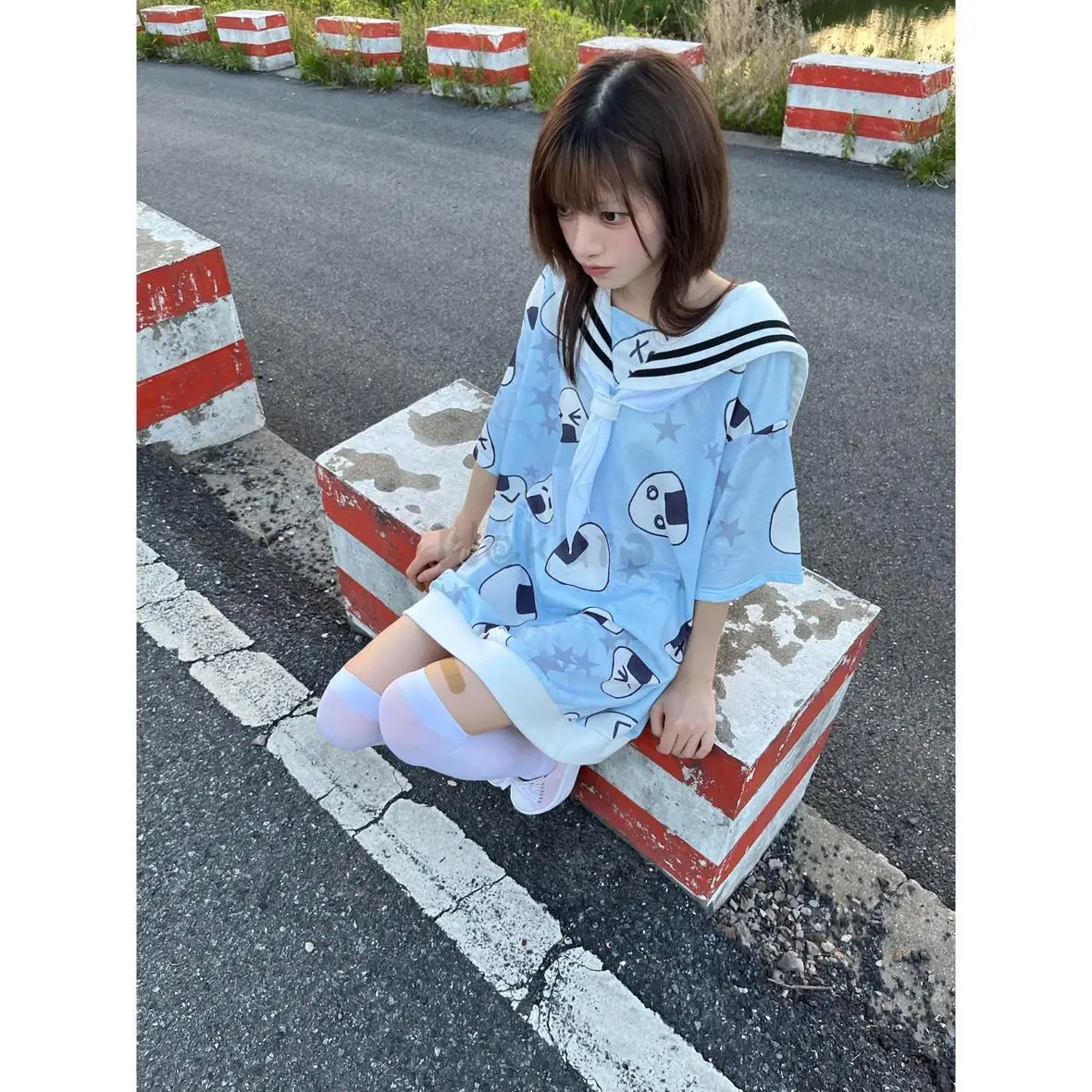 Japanese Schoolgirl Summer Cute Rice Ball Star Print Navy Collar Short Sleeve T-shirt Mourning Cute Soft Girl Nakajiyake Top