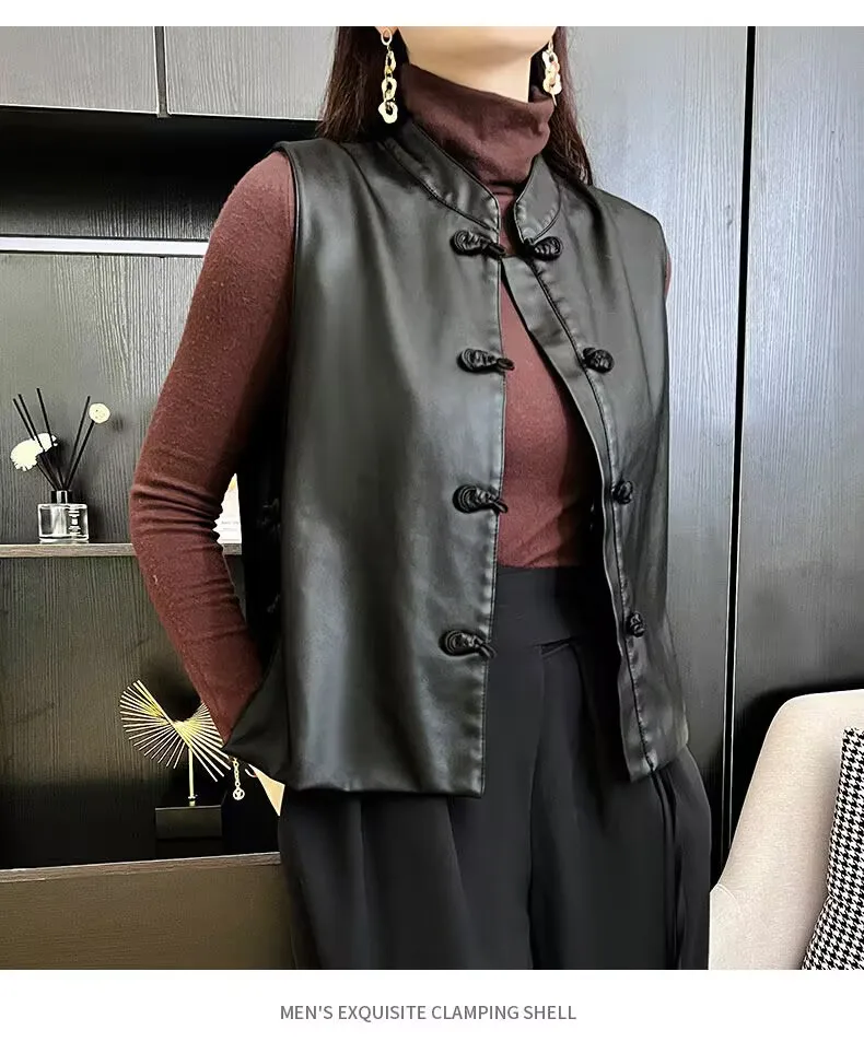 

2025 Spring Autumn Female Vintage Black Sleeveless Vest Women Chinese Knot Buckle PU Leather Waistcoat Fashion Outerwear Vest