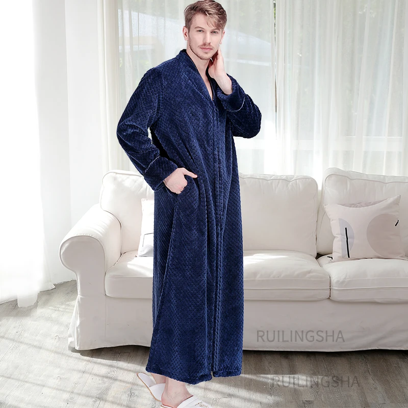 Women Ultra Long Plus Size Thick Warm Bathrobe Lovers Winter Thermal Flannel Bath Robe Men Robes Pregnant Zipper Dressing Gown