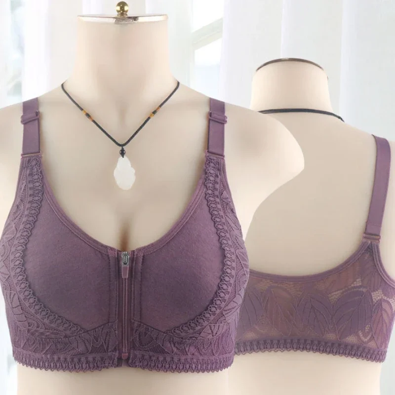 New Soft Bra Front Zipper Middle-Aged and Elderly Underwear Ladies Underwired Lace Beautiful Back Adjustable Large Size Bra