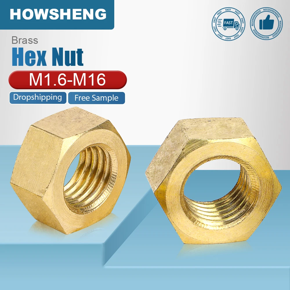 HOWSHENG 2-40szt Miedziana nakrętka sześciokątna M1.6 M2 M2.5 M3 M3.5 M4 M5 M6 M8 M10 M12 M14 M16 Mosiężne nakrętki sześciokątne do śruby