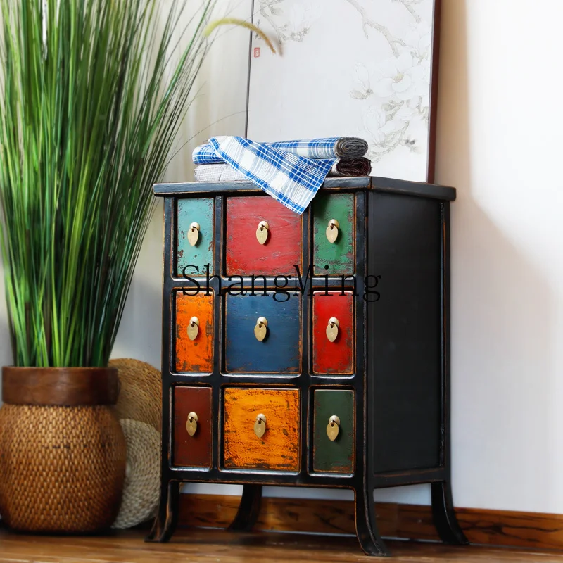 

SM multifunctional entrance storage classification drawer locker retro retro solid wood nine cabinets