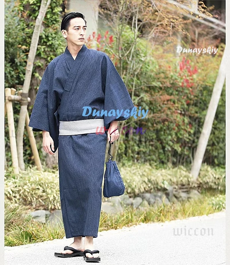 أزياء كيمونو اليابانية التقليدية التأثيرية أزياء يوكاتا الصيفية للرجال رداء طويل مع حزام طقم بيجامات ملابس نوم للرجال رداء حمام