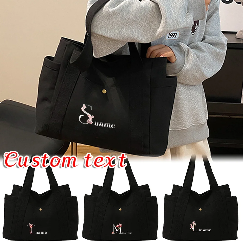 

Personalized Customized Name Printed Women's Black Canvas Shoulder Bag Fashion Shopping Bag Travel Commuter Handbag