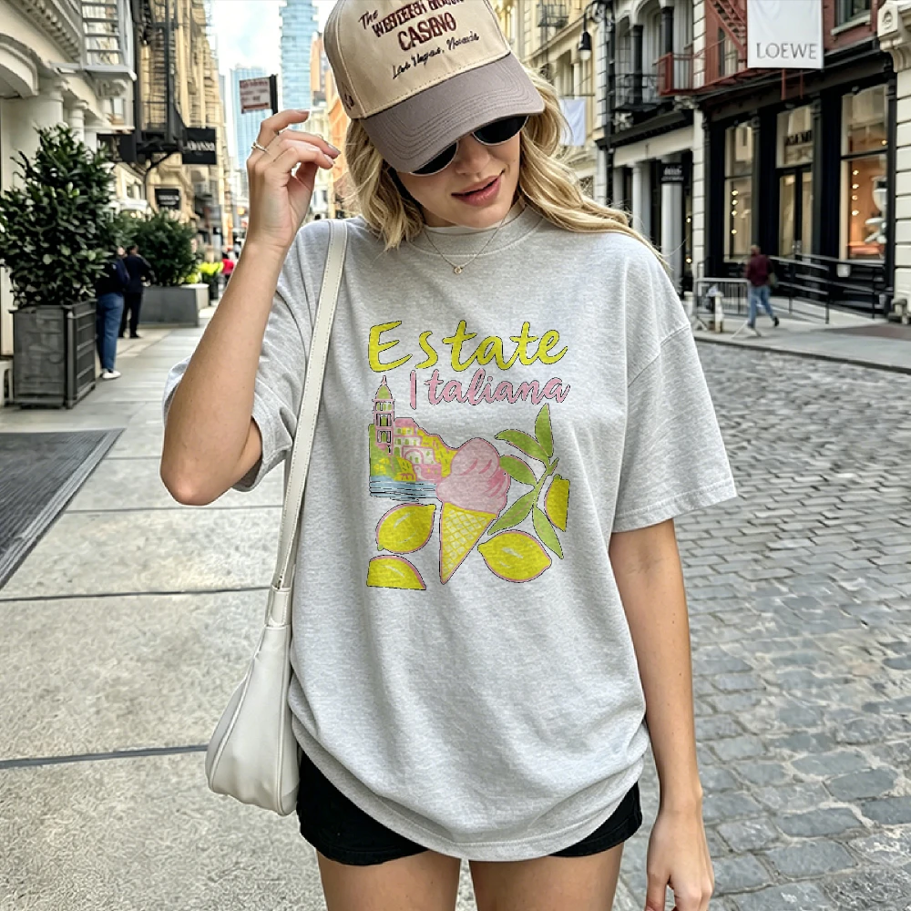 Hand-Drawn Graphic T-Shirt with Ice Cream Lemon Print Summer Streetwear Short Sleeve Crew Neck Men Top High Quality Cotton Tees