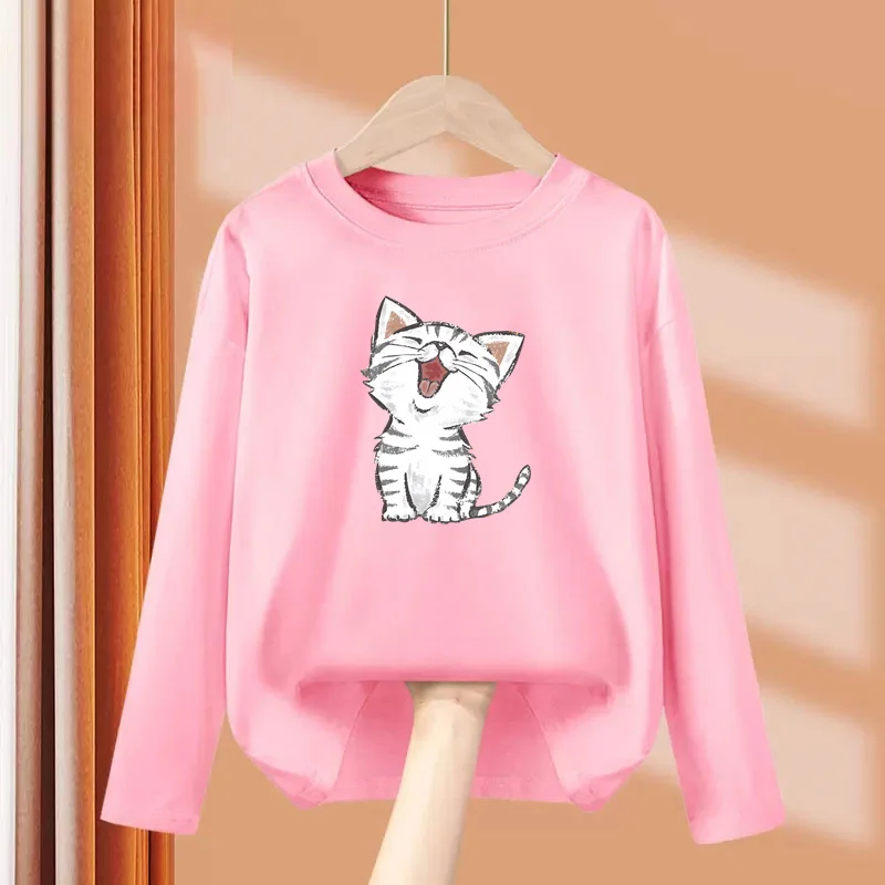 Frühlings- und Herbst-T-Shirt für Kinder Niedliches Kätzchen-Design Oberteile Langärmelige Baumwollkleidung für Mädchen