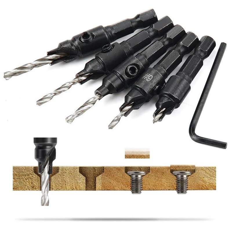 5pcs Countersink Drill Bit Carpentry Drill Set Drilling Pilot Holes For Screw Sizes #5 #6 #8 #10 #12 Drilling Woodworking Tools