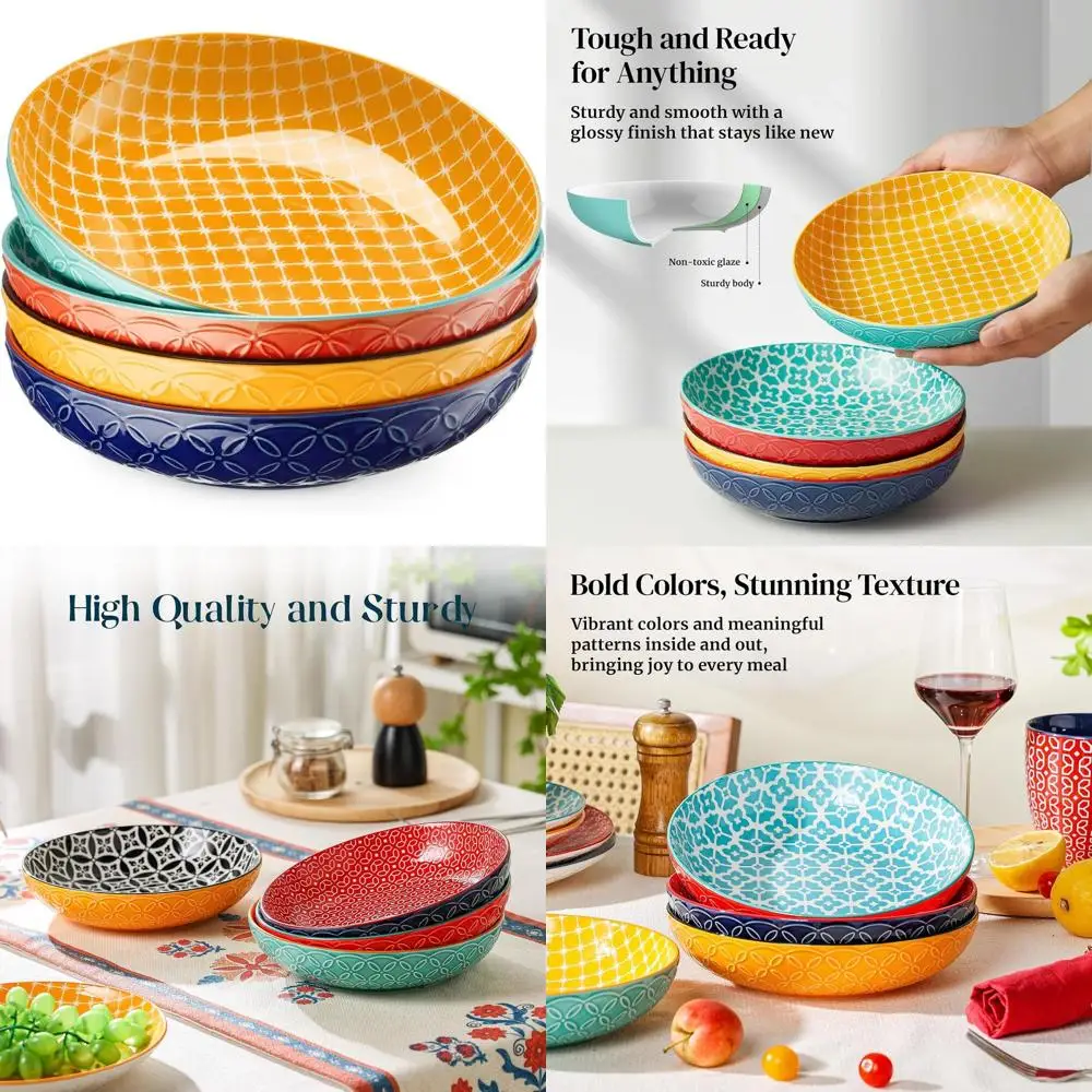 

Set of 4 Large Porcelain Pasta, Salad & Soup Serving Bowls with Embossed Design, Safe for Microwave, Oven, and Dishwasher, Ideal