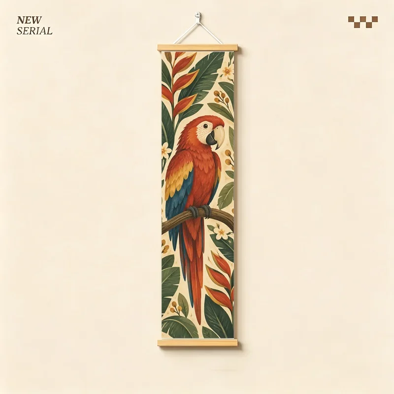 Wall Art Colorful Macaw Parrot and Tropical Leaves, Vintage Botanical Pearlescent Canvas Hanging Scroll for Juice Bar