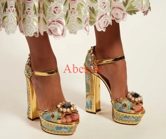 Pearl Rhinestone Design Platform Peep Toe Heel Buckle Vintage Baroque Sunflower Pumps New 2022 14Cm Chunky Heel Sandals