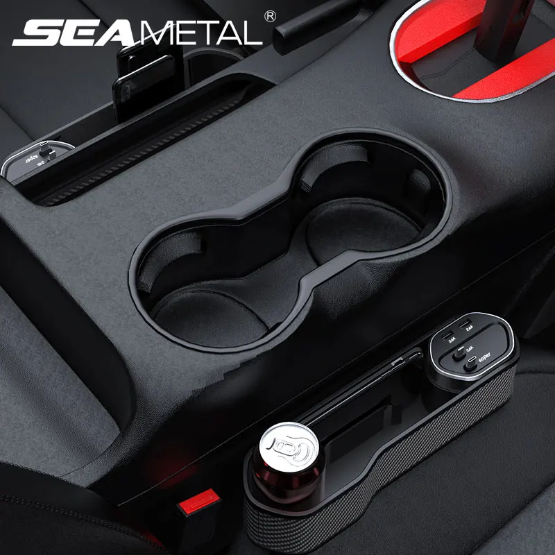 SEAMETAL Car Seat Gap Organizer 40W Wireless Charging Storage Box with 3 Cables USB-C/Lightening Charger for Phone/Tablet/Labtop