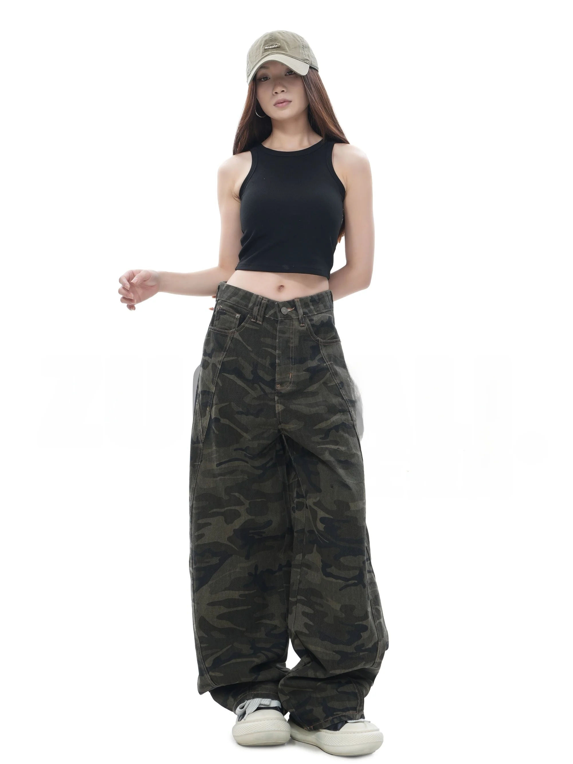 

High Waist American Retro Camouflage Design Wide Leg Pants Soft Cotton Ladies Jeans Spring Commute Friendly Non-Stretch Fit