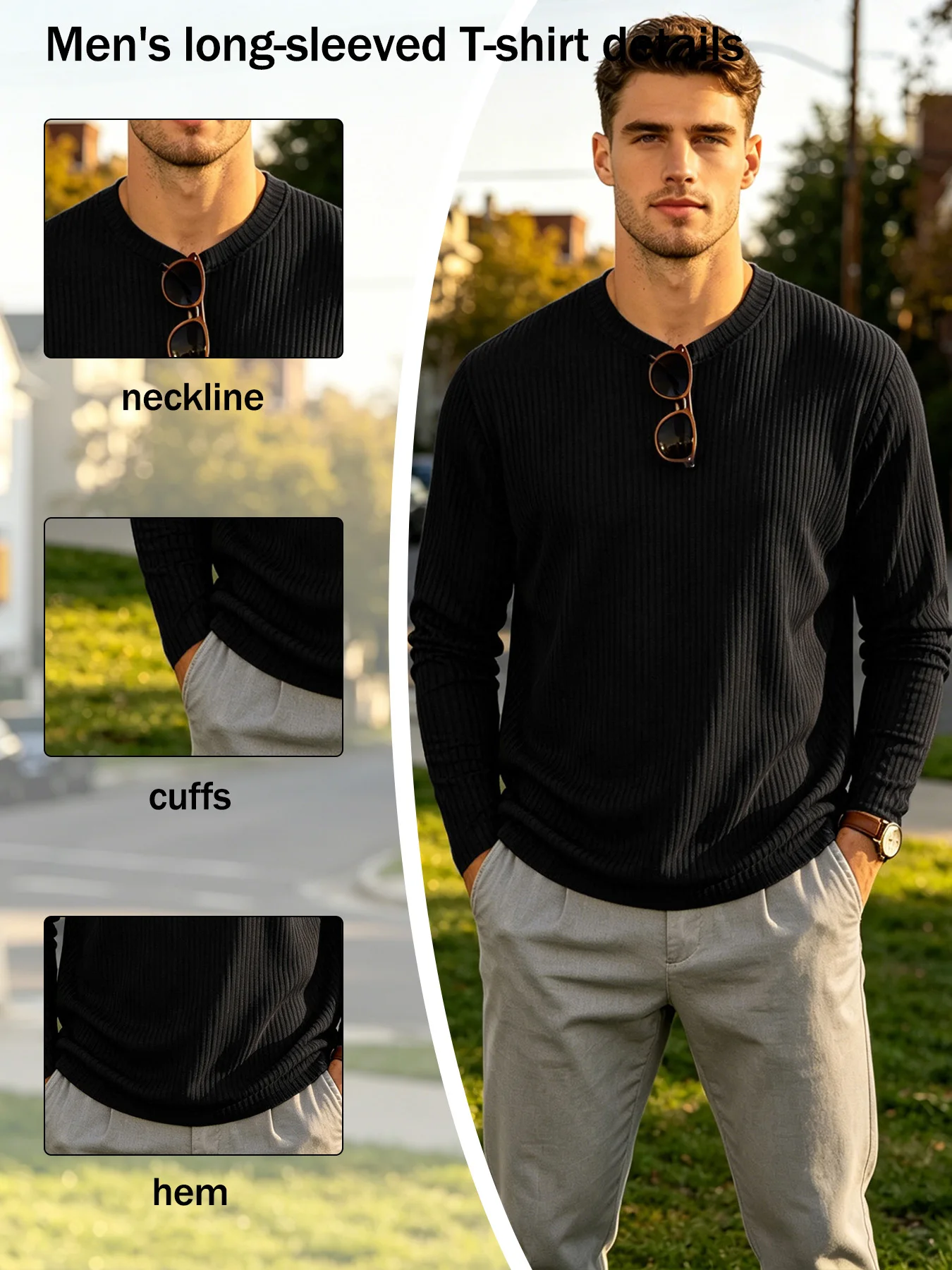 Modisches, texturiertes, vertikal geripptes Herren-Langarmshirt mit Rundhalsausschnitt, elastisches Stretch-Strickoberteil, atmungsaktives Basic-Shirt für den Streetwear-Look – Detail 6