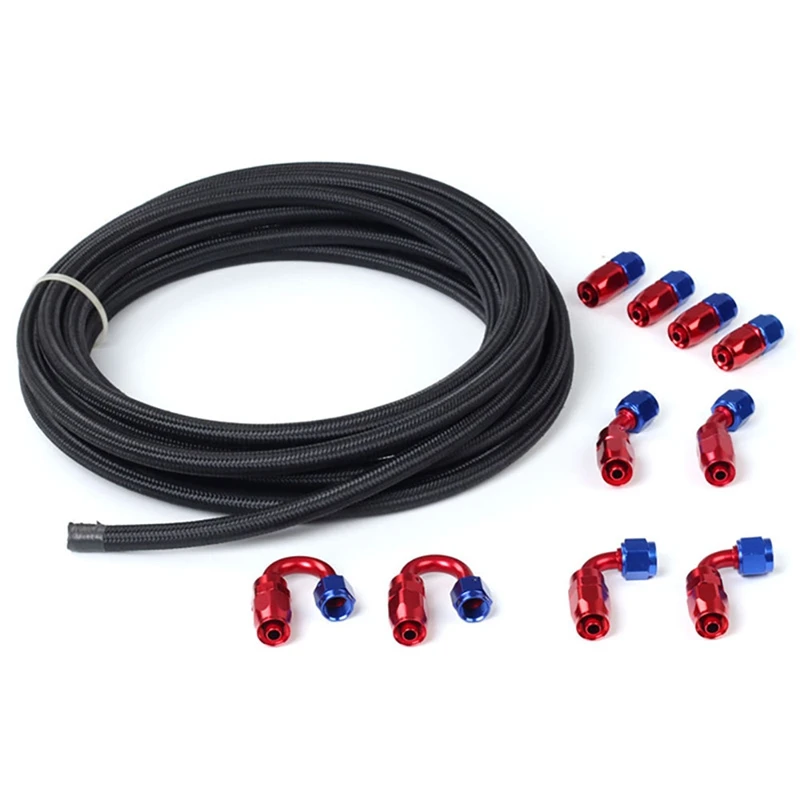 5M Fuel Line Kit 6AN 3/8 Inch Black Steel CPE Gas Oil Fuel Hose With 2Pcs AN10 To AN6 Fitting Adapters 10Pcs Swivel Hose