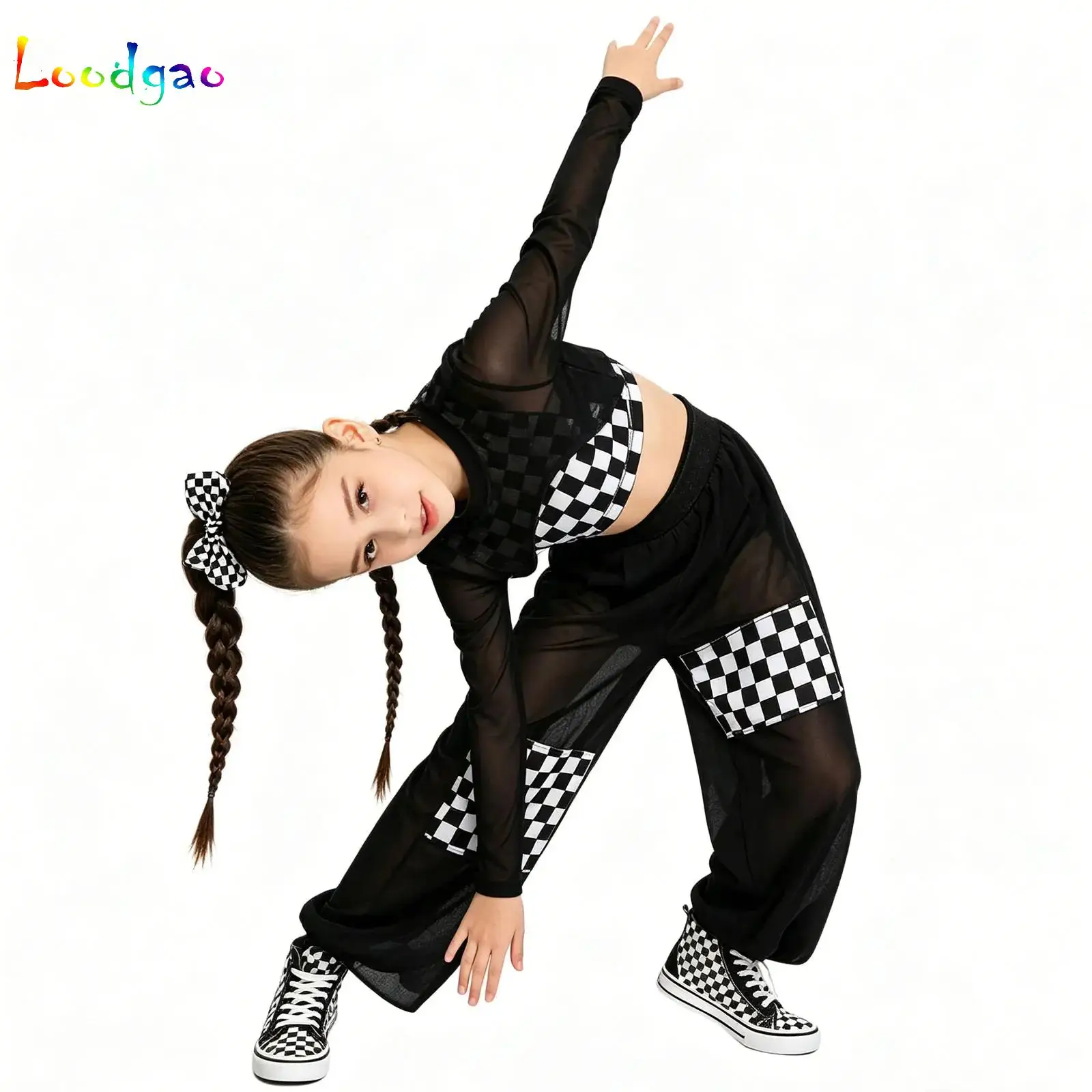 

Checkerboard Tracksuits Kids Girls Racing Suit Race Car Driver Costume Vest+Crop Top+Pants Set Hip Hop Jazz Performance Outfits