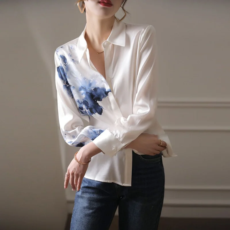 Vintage Tie Dye Loose Blouse Spring New Polo Neck Long Sleeve Button Printing Office Shirt Tops Elegant Fashion Women Clothing