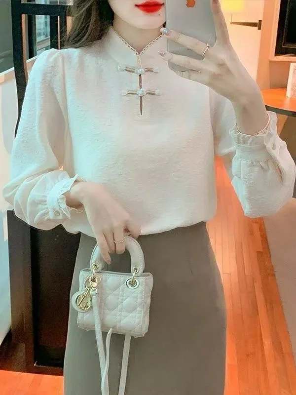 Elegant Vintage Women's Long Sleeve Shirt Stand Collar Button up Chinese Style Top Fashionable Trendy Spring Autumn Clothing