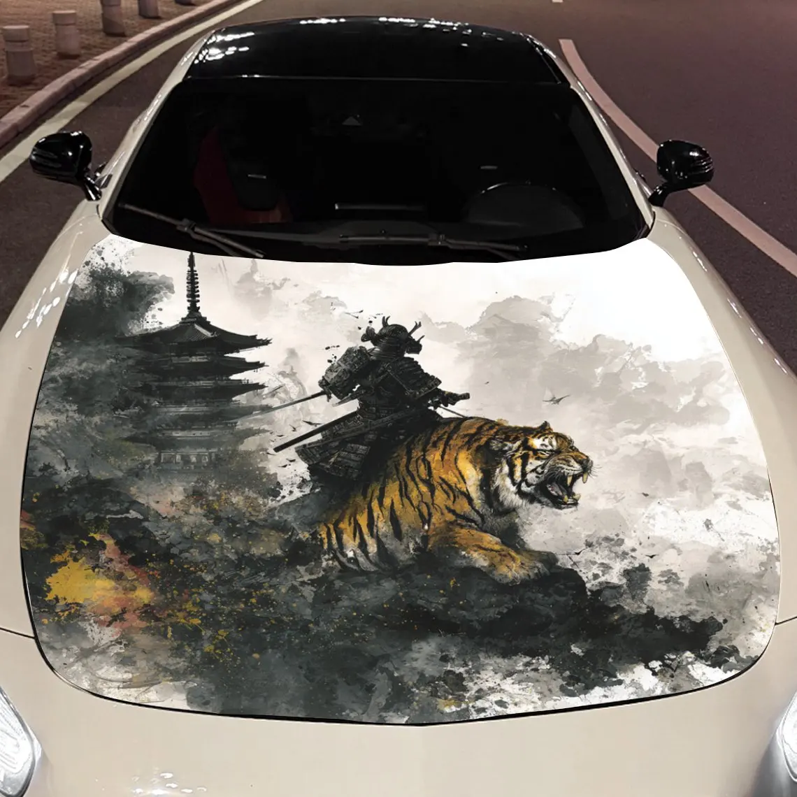 

Картина тушью самурая Riding Tiger, виниловая пленка для автомобиля, материал ПВХ, водонепроницаемая наклейка на капот автомобиля, самоклеящаяся устойчивая к царапинам S