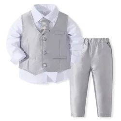 4Piece Spring Baby Boy Clothes Fashion Wedding Birthday Gentleman Suit Vest+Shirt+Pants+Tie Boutique Kids Clothing Set BC314