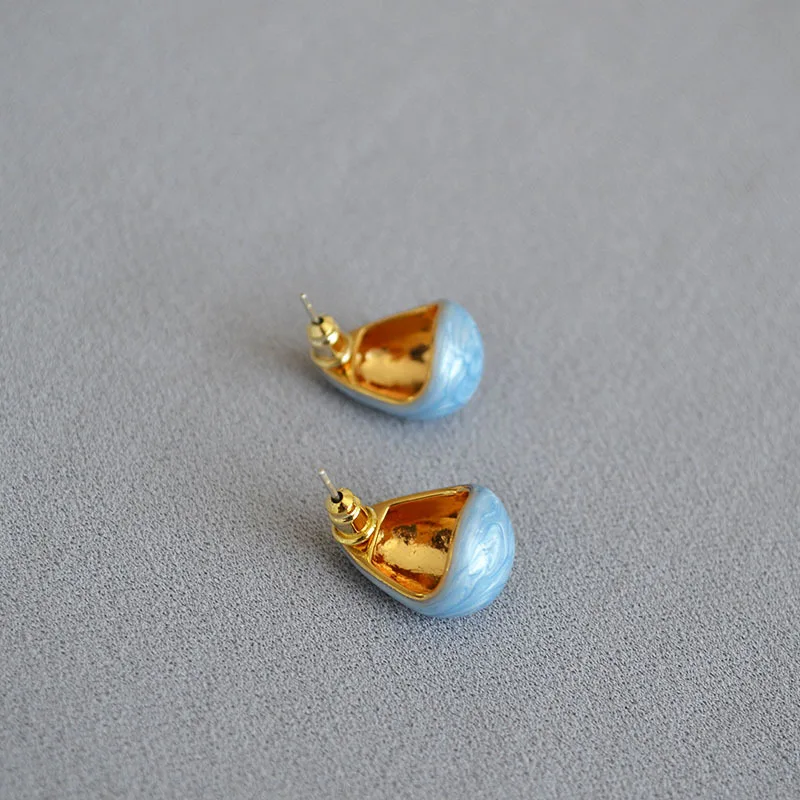 Pear Shaped Earring Minimalism Style Handmade Enamel Glazed Gold Plated Brass 925 Silver Needle Stud Earrings