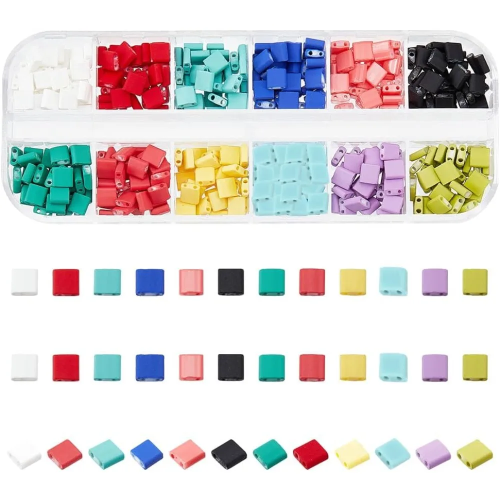 

About 420 Pcs Opaque Tila Beads 5mm,12 Colors 2-Hole Seed Beads Glass Spacer Bead Rectangle Mini Bead Japanese Glass