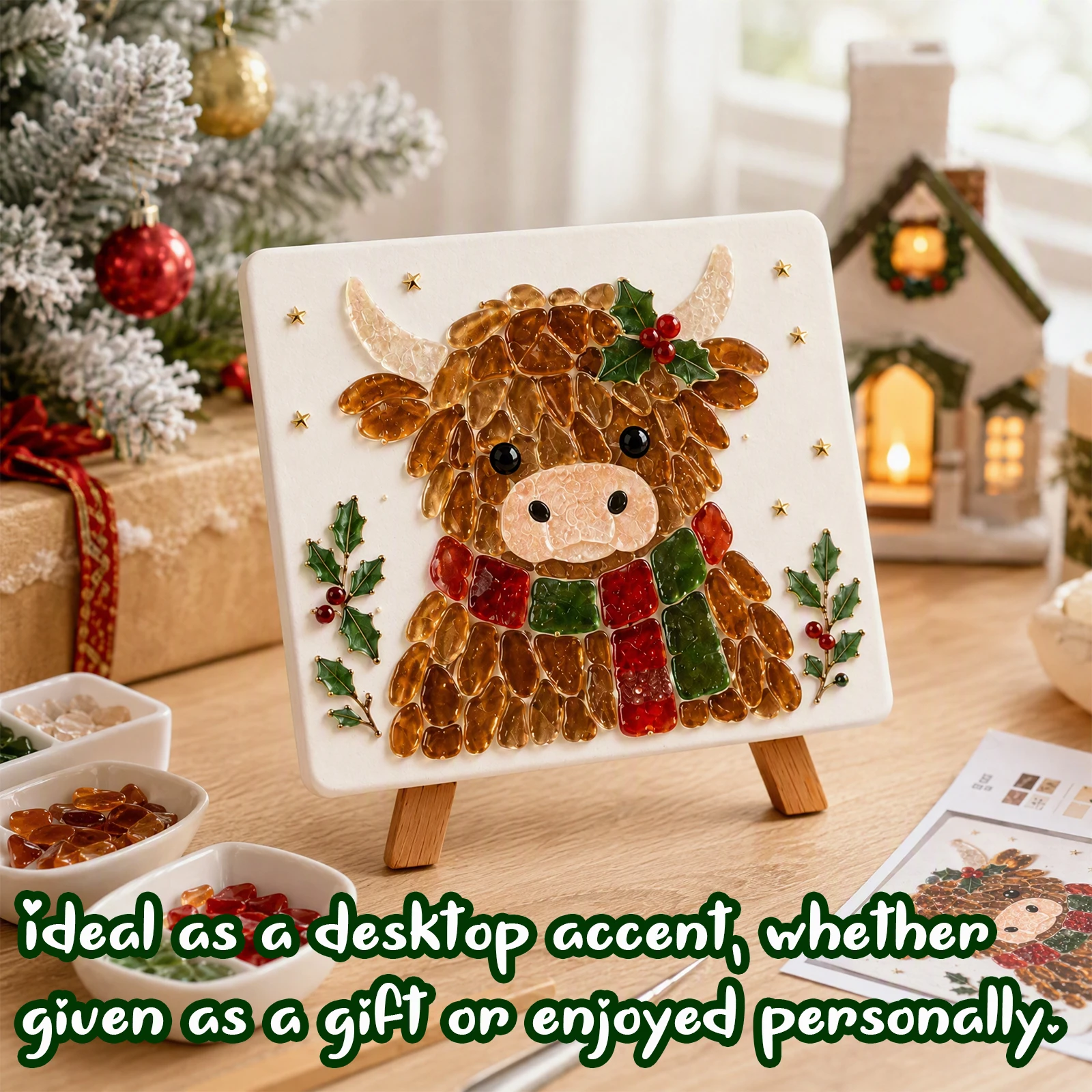 Sea Glass Mosaic Art Kit DIY Christmas Reindeer Craft Set Holiday Home Decor with Tweezers Stand Complete Tools view 3