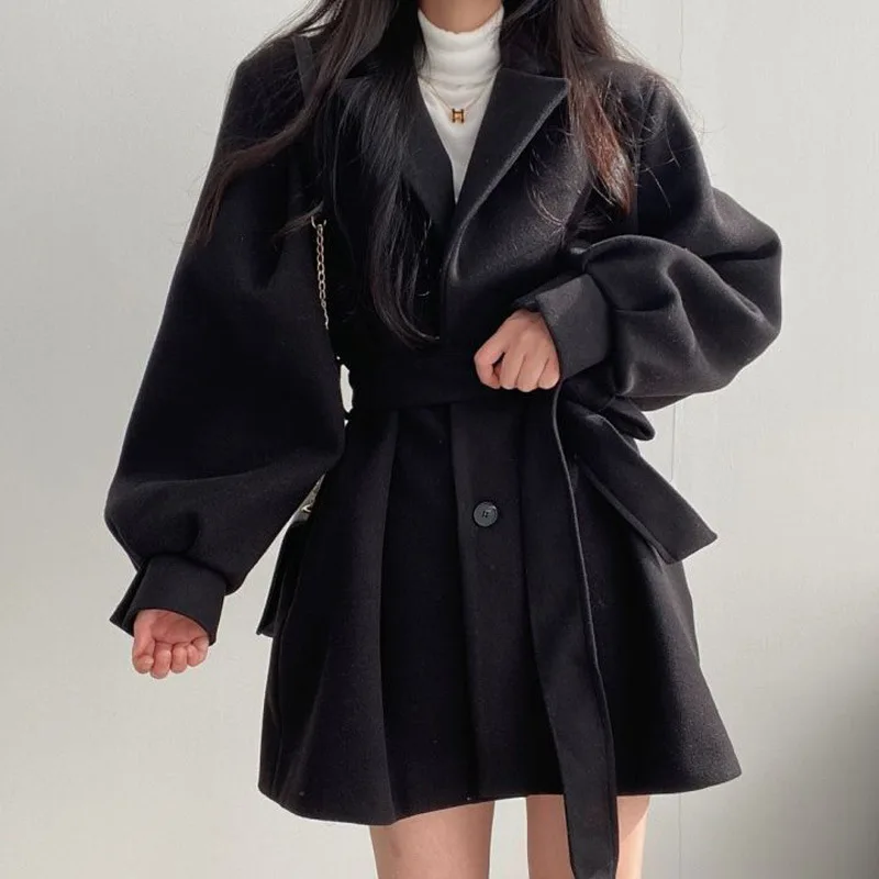 Korean Thick Female Trench Warm Jackets Turn-down Collar Long Puff Sleeve Clothes Autumn Elegant Belt Coat Women Chic Midi Top