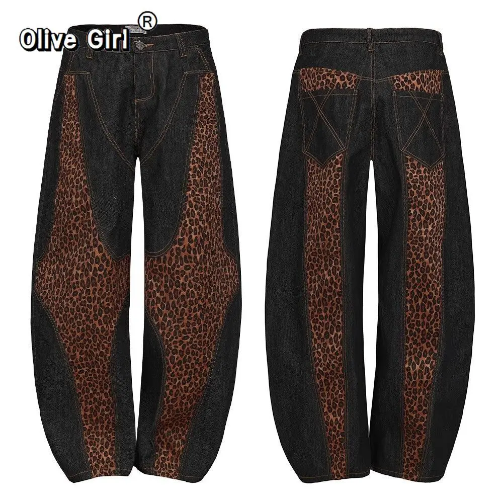 بنطلون جينز فضفاض للفتيات الزيتونية بنطلون جينز أمريكي غير رسمي فضفاض بطبعة الفهد من قماش الدنيم Harajuku ملابس الشارع الشهير للرجال والنساء #3