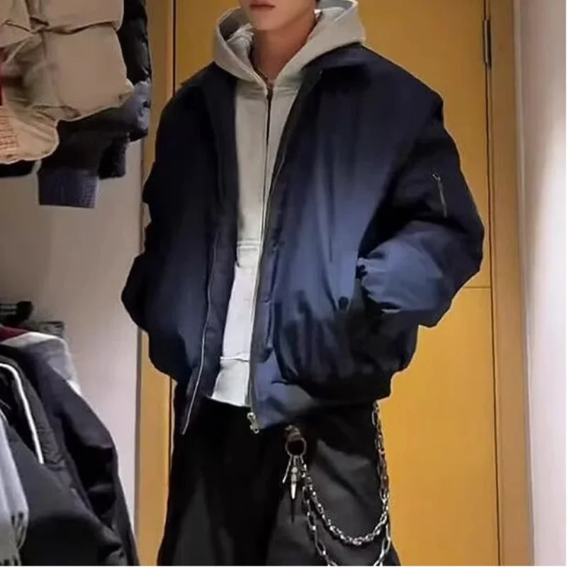 

American Style Short Baseball Jacket For Men Spring Autumn New Lapel Trendy Chic Rebel Vibe Navy Blue Flight Jacket Top