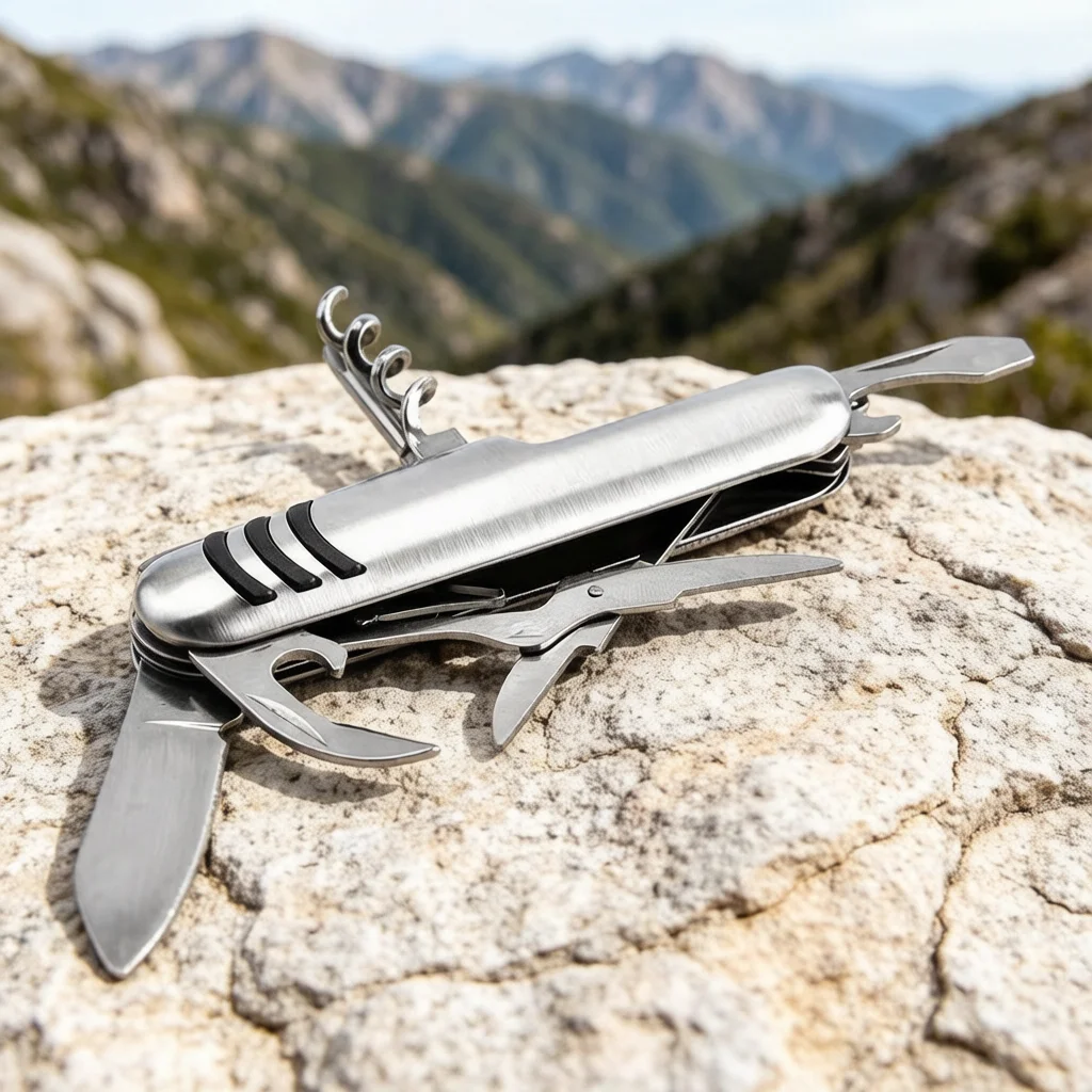 Compact Folding Keychain Steel Multitool with Bottle Corkscrew Scissors Screwdriver EDC Gear for Outdoor Emergency Survival