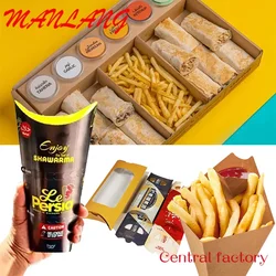 Custom  Custom Logo Shawarma Packaging Box Cardboard, Food Grade Design Kebab Paper Boxes, French Fries Cone Boxes for Small Bus