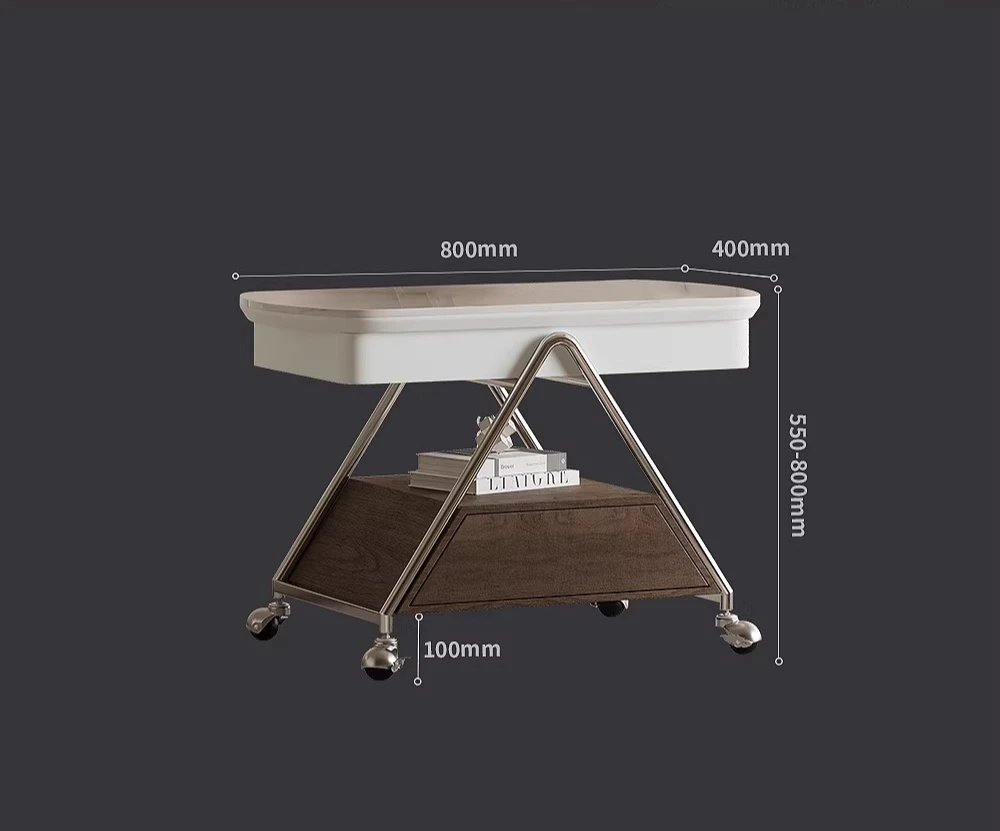 Medieval lifting rock slab trolley side table removable living room walnut leather coffee table sofa storage side cabinet