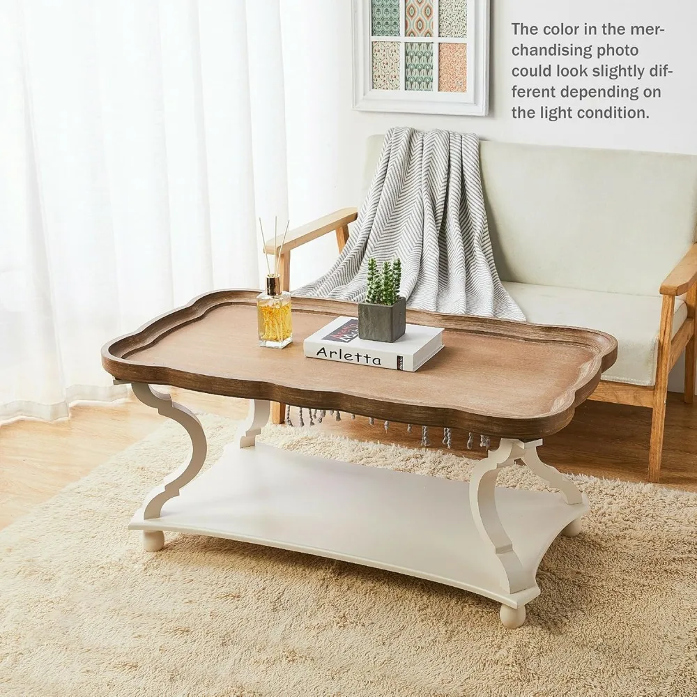 

Rustic Farmhouse Cottagecore Coffee Table, Natural Tray Top Sofa Table for Family, Dinning or Living Room, Small Spaces