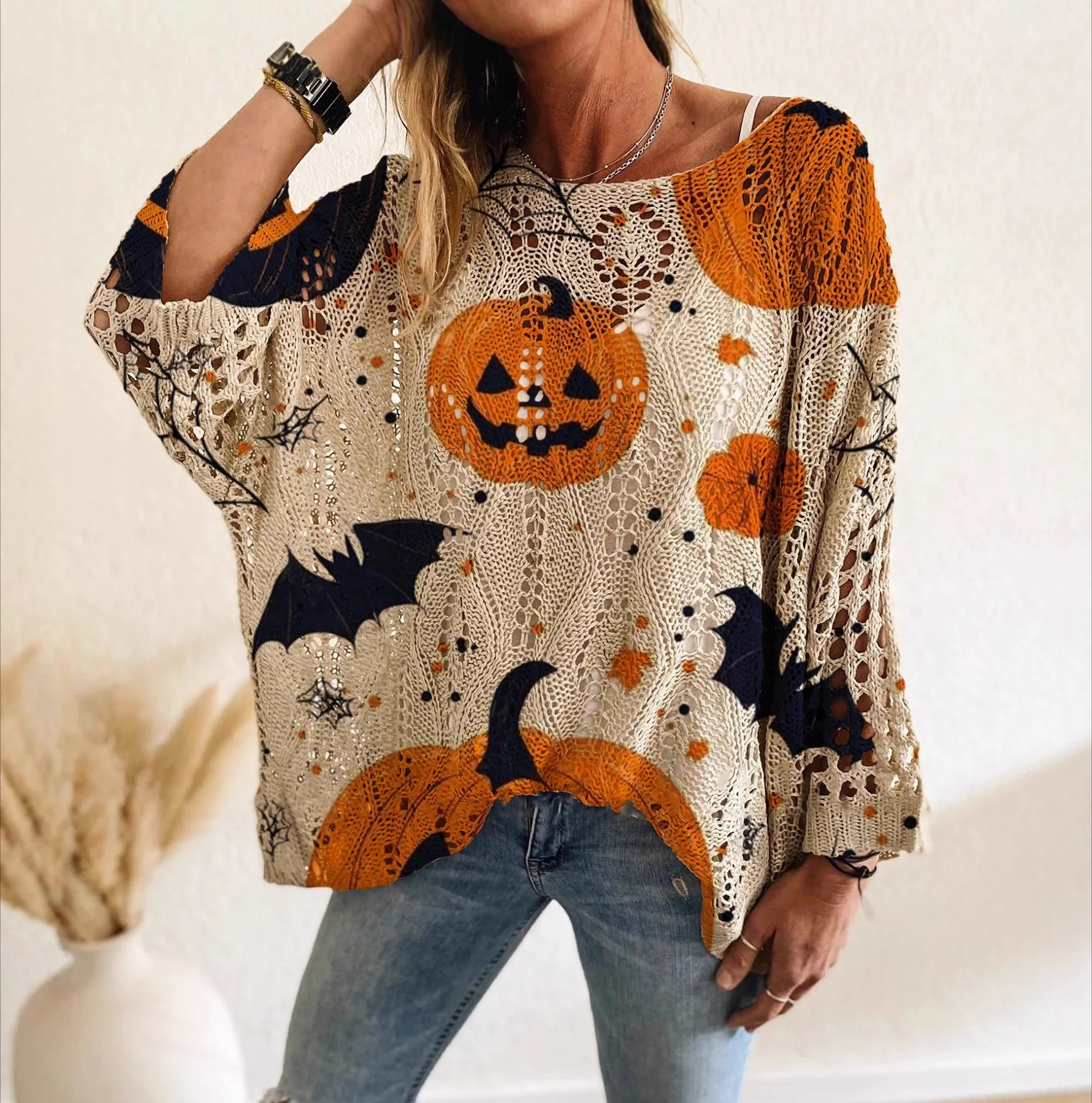 

Female Slash Neck Hollow Pumpkin Bat Halloween Print Long Sleeve Women's Casual shirt Top Pullovers