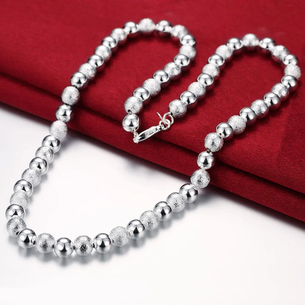 

925 Sterling Silver Necklaces For Woman Vintage 8mm Frosted Smooth Beads Classic Fashion Jewelry Wedding Christmas Gifts