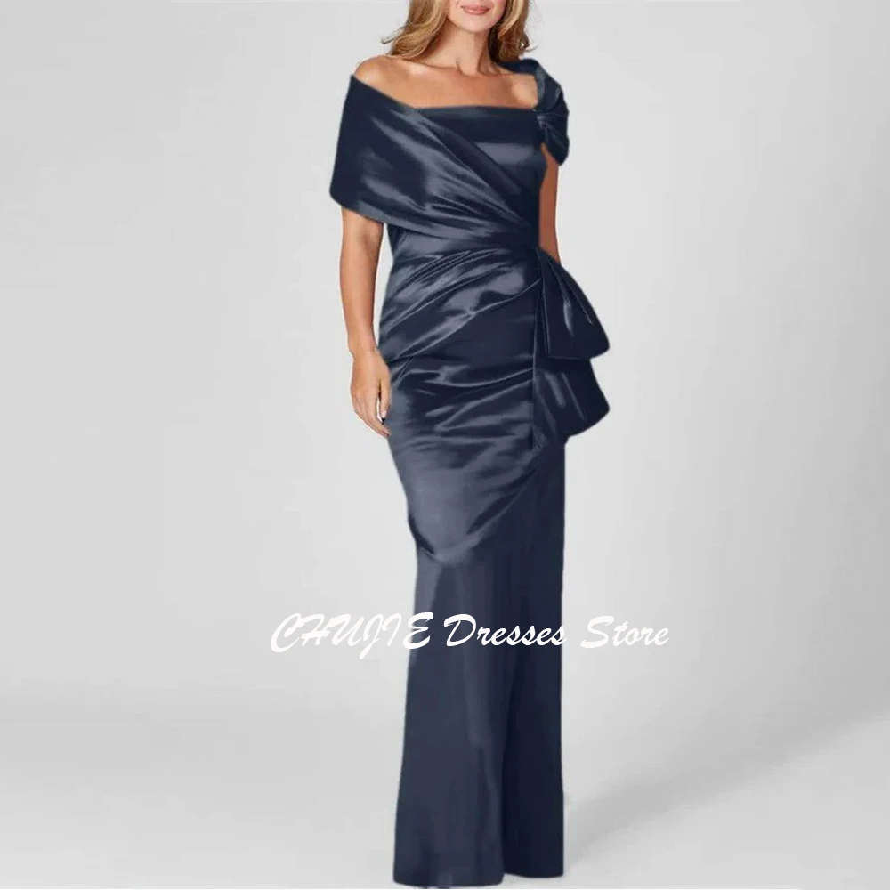 Customized Dark Navy Mother Of the Bride Dress Off Shoulder Wedding Guest Dress Customizable Satin Long Formal Evening Gowns