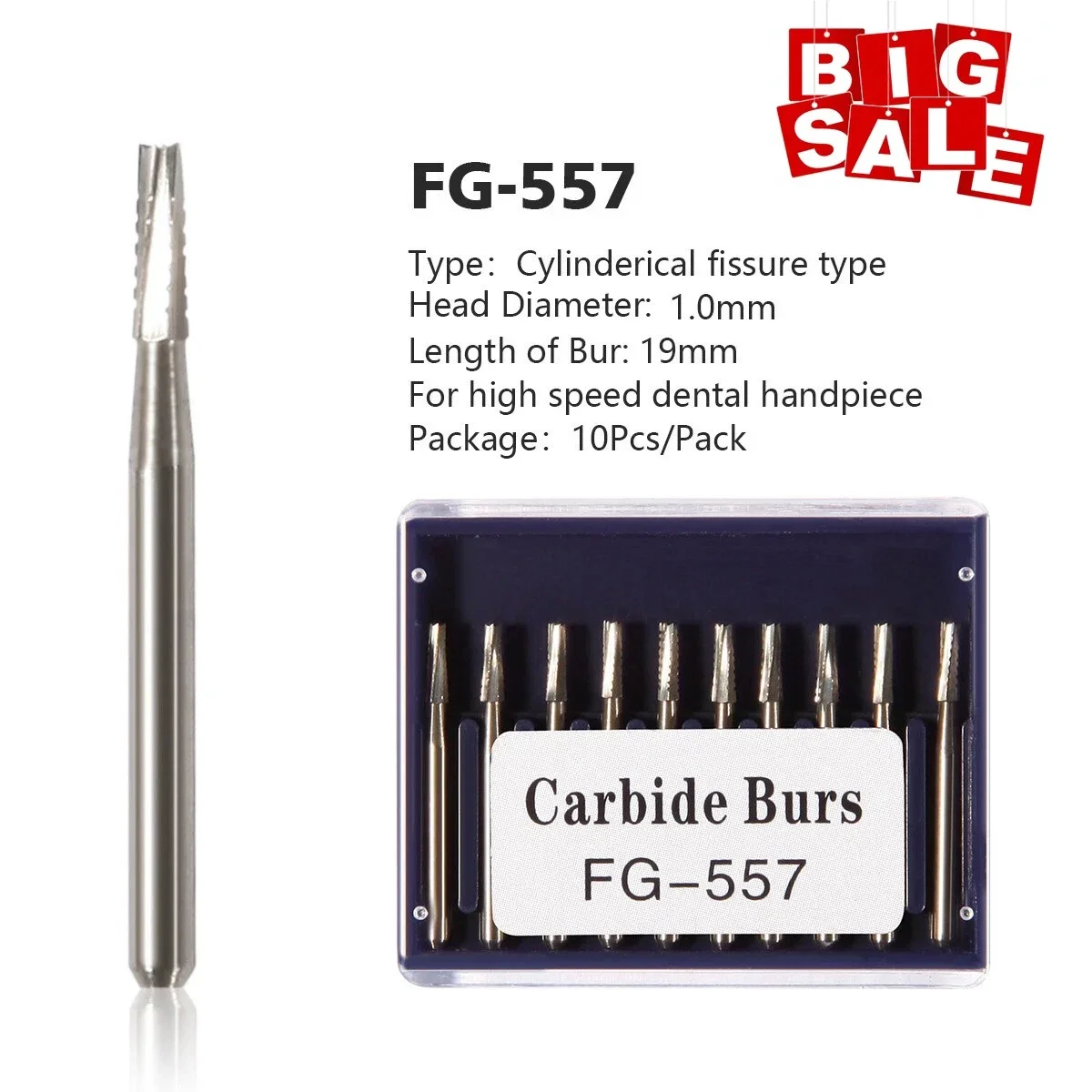 

10PCS/1Pack Dental Tungsten Carbide Steel Burs FG-557 for High Speed Handpiece 1.6mm