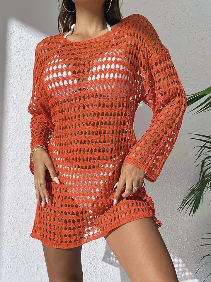 

Vzvn Knitted Sportswear Women Vintage Fashion Long Sleeve Swim Dresses Solid O Neck Hollow Out Mini 2025 New All Season Dress
