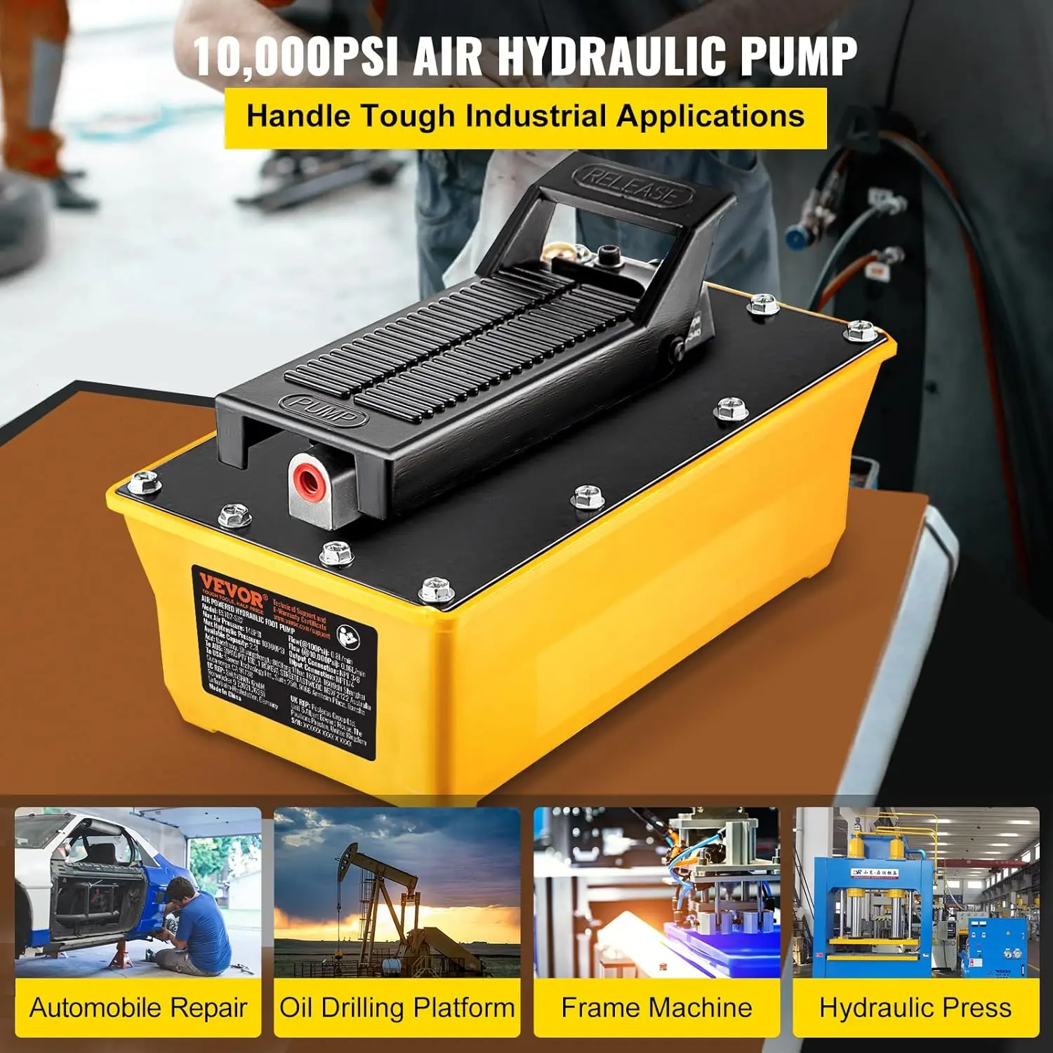 Air Hydraulic Pump, 10,000 PSI Hydraulic Foot Pump, 0.6 Gal Reservoir Foot Operated Air/Hydraulic Pump, with Hose and Spray Gun