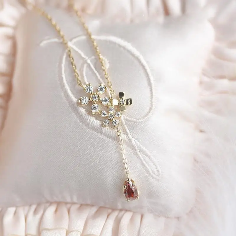 Original Elegant Osmanthus Tassel Drop Necklace Vintage Exquisite Light Luxury Red Crystal Pendant Clavicle Chain Jewelry