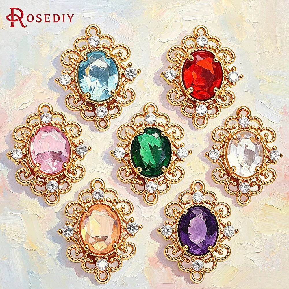 

6PCS 17x22MM 18K Gold Color Brass and Zircon and Glass Oval Shape Connect Charms Pendants High Quality Jewelry Making