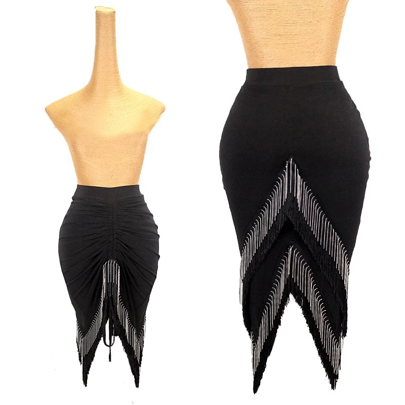 Latin Dance Skirt Women Slim Drawstring Fringe Black Skirt Rumba Samba Salsa Tango Performance Wear Practice Clothes DNV18800