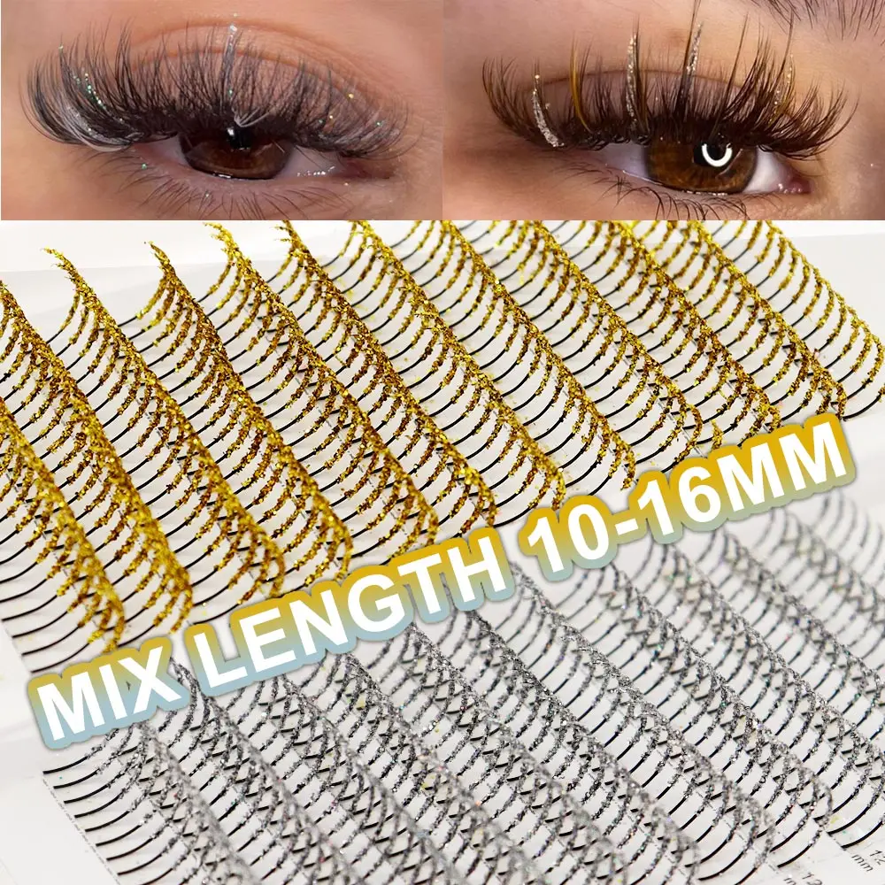 Fashion Glitter shiny Eyelash Extensions 12 Strips mix length Individual Eyelash Extension False Eyelashes Glitter golden Silver