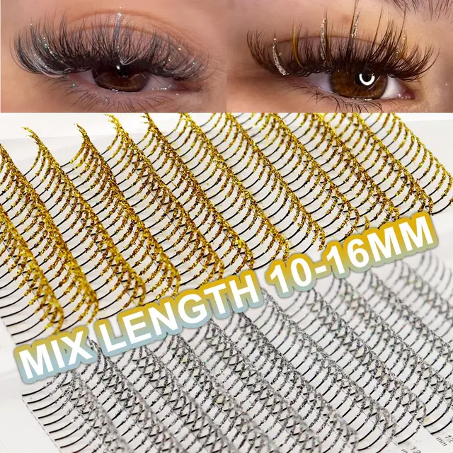 Moda brokatowe błyszczące przedłużanie rzęs 12 pasków mix długości indywidualne przedłużanie rzęs sztuczne rzęsy brokat złoty srebrny