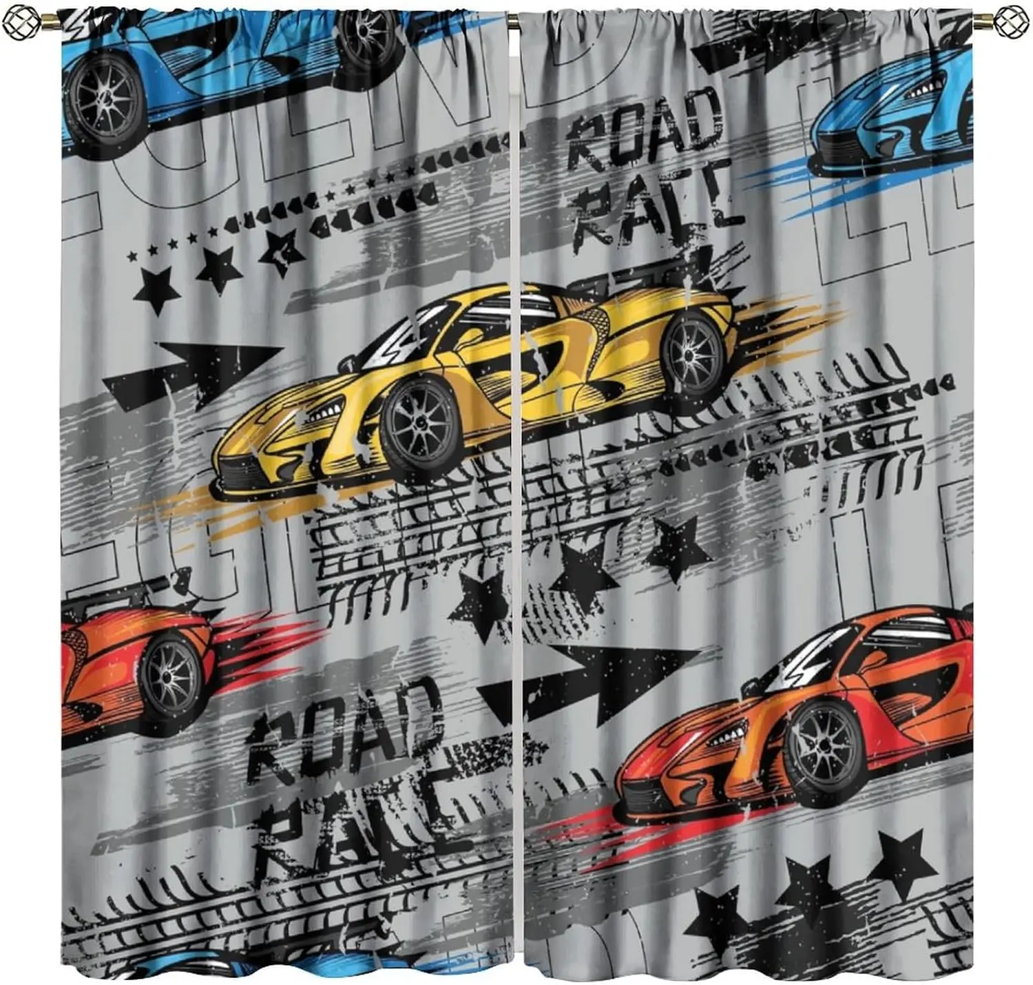 Racing Car Curtains, Extreme Sports Grey Background Sports Race Window Treatments for Boys Room Bedroom Playroom Room Game Hall