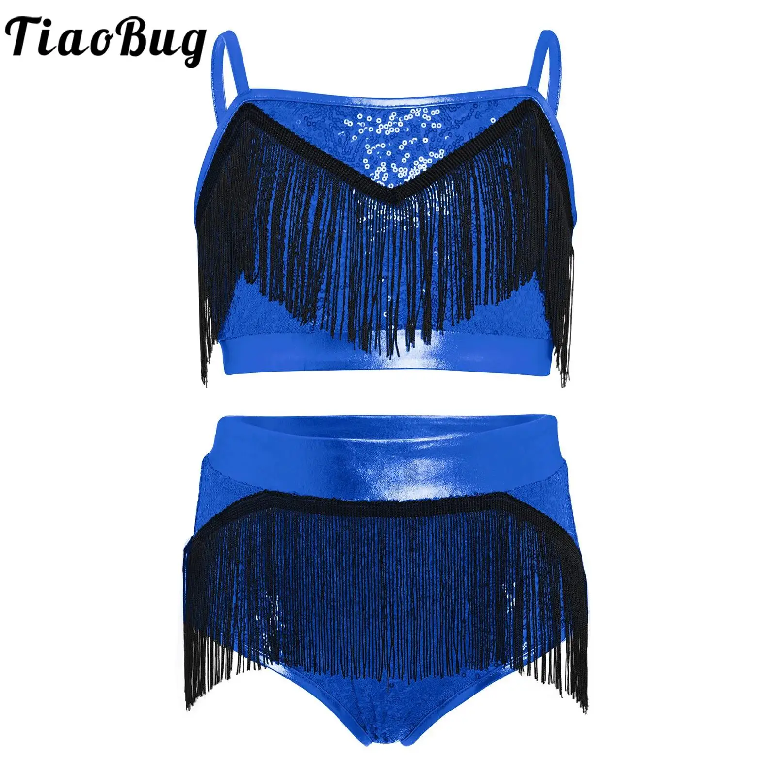 

Kids Girls Sequins Shiny Latin Performance Outfit Crop Top with Tassels Briefs Skirt Set for Tango Samba Salsa Cha-Cha Gymnastic